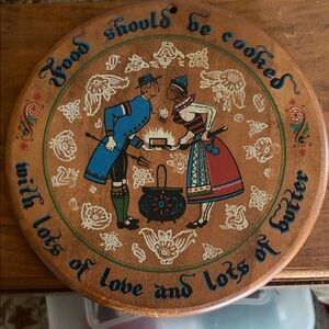 Vintage Folk Art Wooden Trivet with Blue and Red Figures